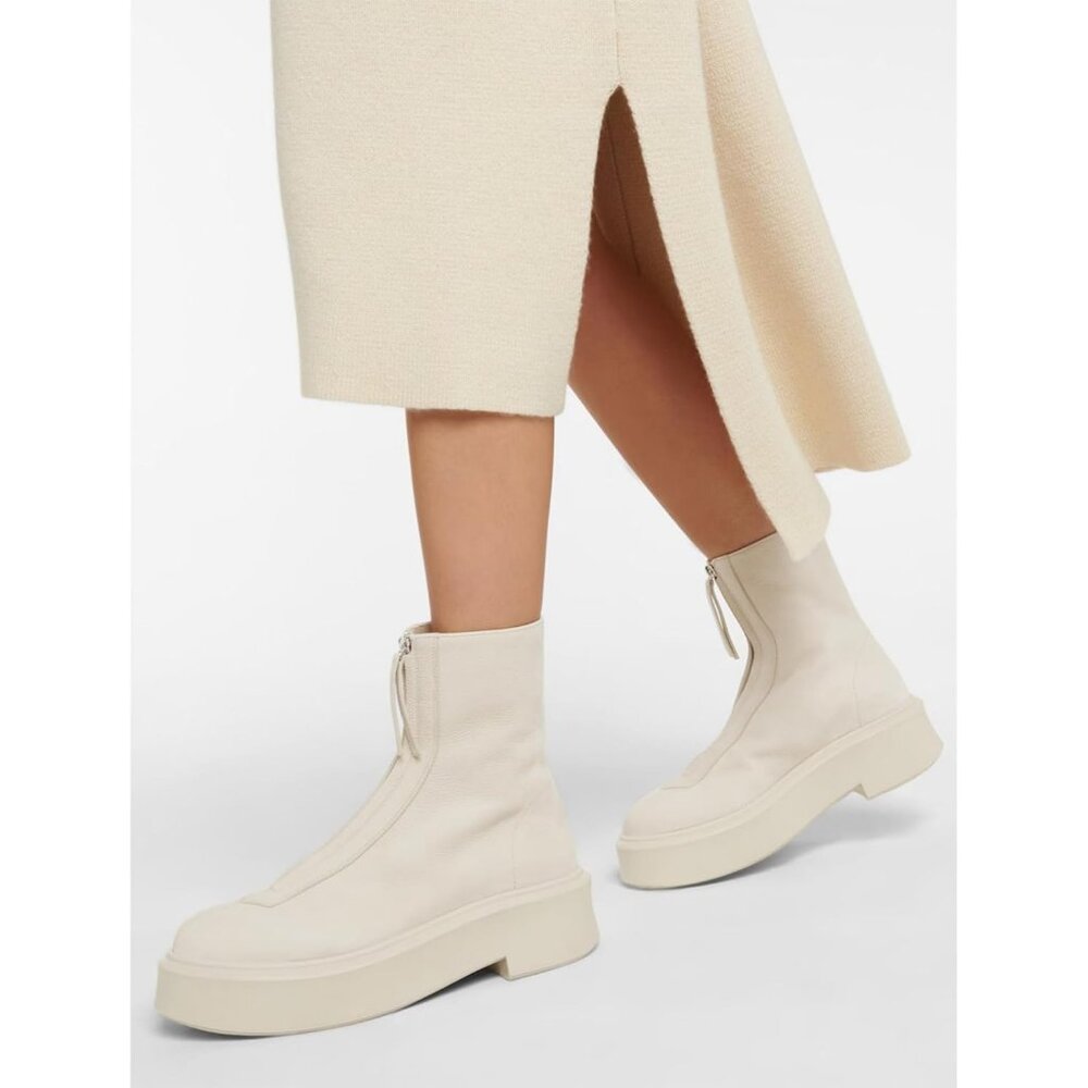 Women's White Leather Platform Chelsea Boots Front Zip Chunky Combat Bootie - Picture 3 of 6